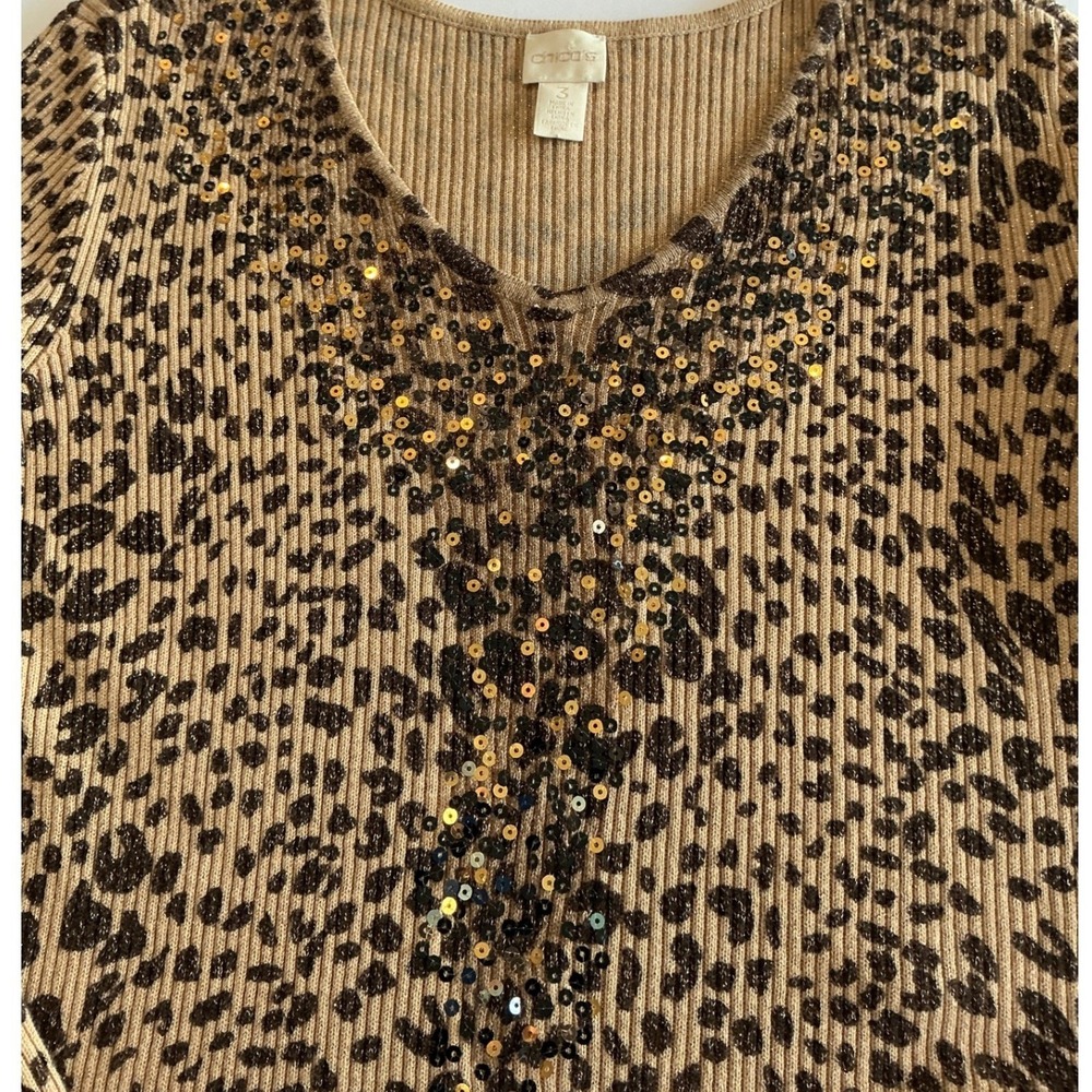 Chico's 3 Leopard Cheetah Animal Metallic Sweater Top Sequins Bling Shimmer XL - Picture 2 of 13